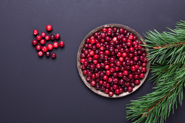 Cranberries and pine branches on a dark wooden background Vintage metal plate Top view - Image