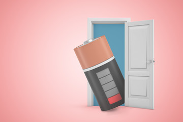 3d rendering of discharged battery in white open doorway on light pink background