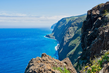 Ponta do Pargo Ilha da Madeira. Lighthouse Ponta do Pargo - Madeira Portugal. The most western point of the island Madeira. View from Lighthouse Ponta do Pargo - travel background. Spring summer