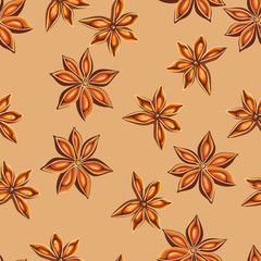 Anise stars a seamless pattern on a brown background. Vector illustration of fragrant spices in cartoon simple flat style.