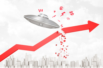 3d rendering of light-grey UFO that has broken red graph arrow which was going up, in air above modern skyscraper city.
