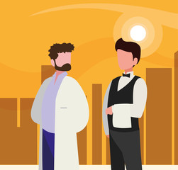 couple of professional workers in cityscape at sunset