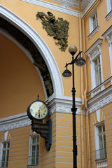 Fototapeta na wymiar Mendeleev’s clock is located in the archway in the historical building of the General Staff Building. Translated 