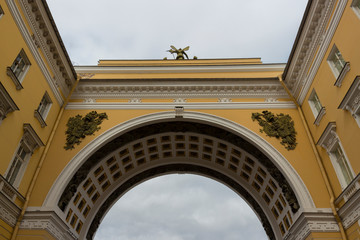 Triumphal arch of the General Staff Building on Palace Square in St. Petersburg, Russia in overcast day. Bottom view. Built in 1819-1829.