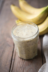 Beautiful and tasty dessert with mango and seeds of a chia. A fresh pudding with fruit for breakfast