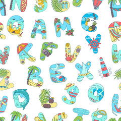 Seamless pattern with letters, vacation at sea