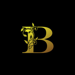 B Gold Letter Logo With Luxury Floral Design. Golden B Vintage drawn letter mark for book design, brand name, business card, Restaurant, Boutique, Hotel.