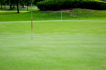 Obraz premium Golf hole in a green grass field background