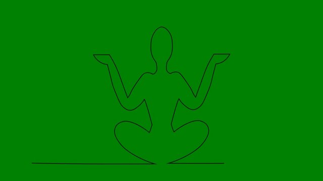 Line drawing of female silhouette sitting in meditating  lotus yoga position on green screen.
