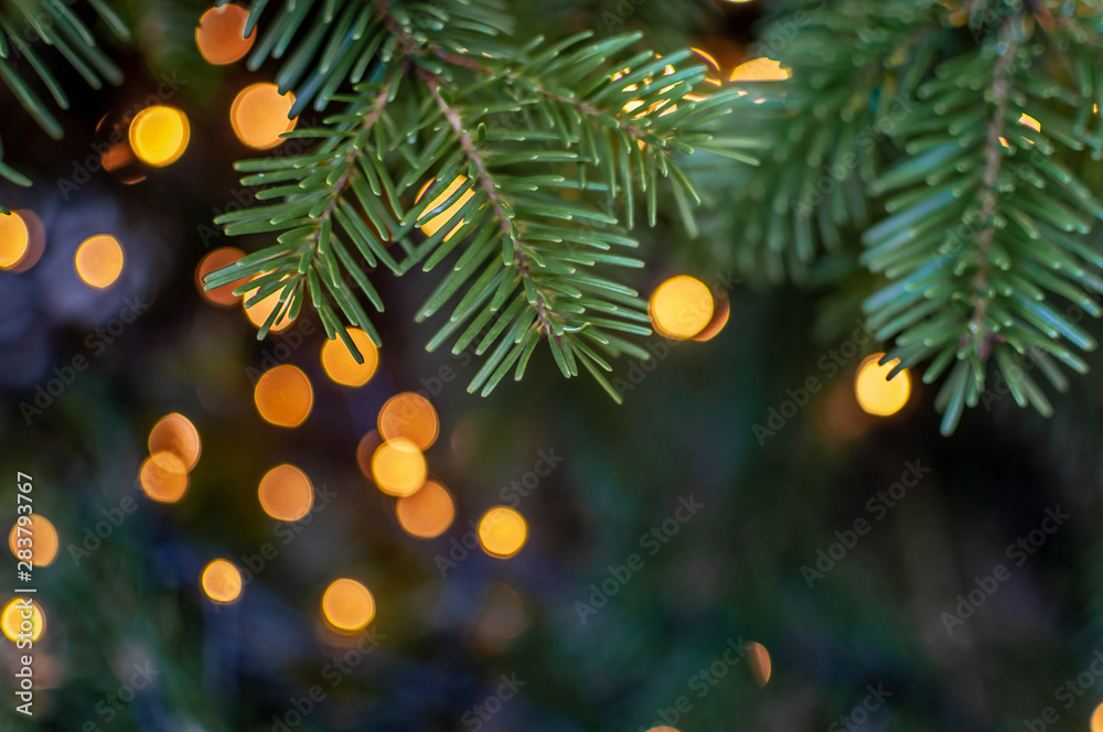 Wall mural christmas tree close-up with colorful lights on a background. shallow depth of field.