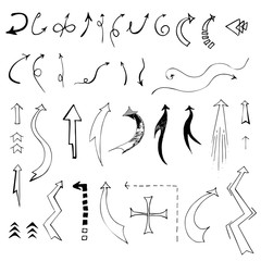 hand drawn arrows set, black and white ink icon
