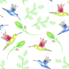 Fototapeta na wymiar seamless pattern with exotic birds and flowers. Tropical bird hummingbird. Imitation of watercolor, hand drawing. For textile, wallpaper, fabric, wrapping