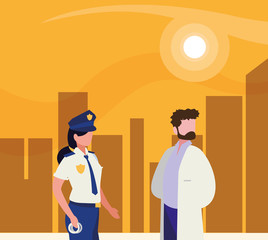 couple of professional workers in cityscape at sunset