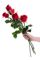 hand holding bunch of red roses