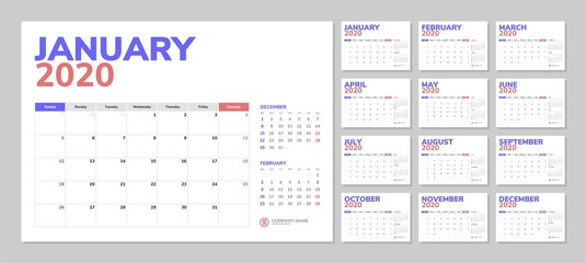 Wall calendar for 2020 year in clean minimal style. Week Starts on Sunday. Set of 12 Months.