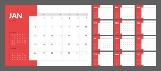 Wall calendar for 2020 year in clean minimal style. Week Starts on Sunday. Set of 12 Months.