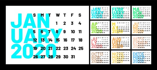 Calendar for 2020 year in minimal simple style. Week Starts on Sunday. Set of 12 Months.