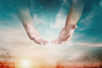 The hand opened up from heaven To welcome prayer to God background Style Double exposure