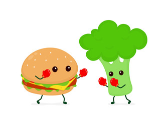 Burger fighting with broccoli in boxing