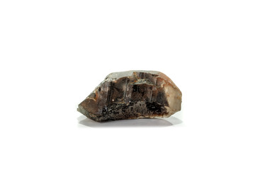 Macro mineral stone smoky quartz, rauchtopaz on a white background