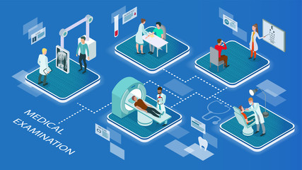 Pictographic of patients undergoing medical examinations in a hospital having scans and x-rays, eye test and dental consultation, blue toned vector illustration