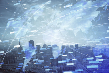 Data theme hologram drawing on city view with skyscrapers background double exposure. Technology concept.