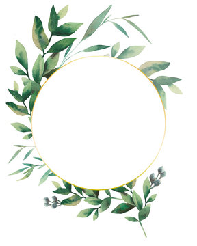 Watercolor greenery branches frame. Hand painted floral template: round plants frame isolated on white background.