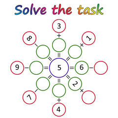 Worksheet. Mathematical puzzle game. Learning mathematics, tasks for addition  for preschool  children. worksheet for preschool kids - vector
