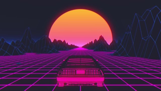 Retro-futuristic 80s style sci-Fi car background. Seamless loop 3D video animation