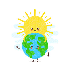 Cute happy smiling sun hugs Earth 