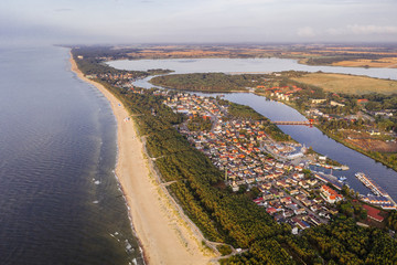 Aerial drone photography of the Baltic sea shoreline. Dziwnowek, Poland.