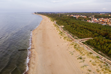 Aerial drone photography of the Baltic sea shoreline. Dziwnowek, Poland.