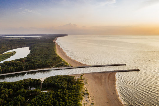Aerial drone photography of the Baltic sea shoreline. Dziwnowek, Poland.