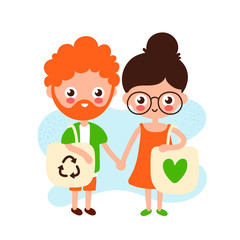 Cute happy young man and woman with eco bags