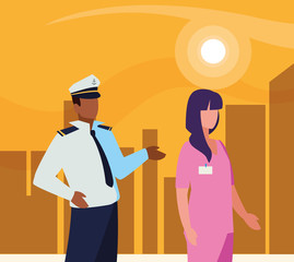 couple of professional workers in cityscape at sunset