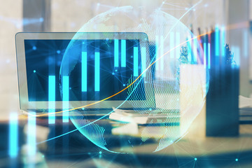 Financial market graph hologram and personal computer on background. Multi exposure. Concept of forex.