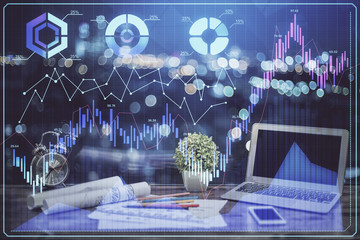 Financial graph colorful drawing and table with computer on background. Double exposure. Concept of international markets.