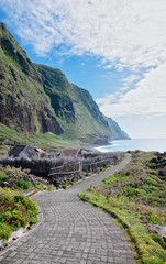 Achadas da cruz village view in summer sunny day near cable car in Porto Moniz district, Madeira, Portugal