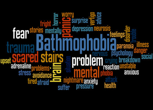 Bathmophobia fear of stairs or steep slopes word cloud concept 3