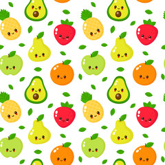 Happy cute smiling fruit face seamless pattern