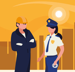 couple of professional workers in cityscape at sunset