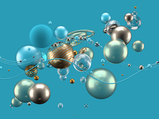 Beautiful abstract background with volume elements, balls, texture, lines. 3d illustration, 3d rendering.