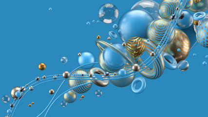 Beautiful abstract background with volume elements, balls, texture, lines. 3d illustration, 3d rendering.