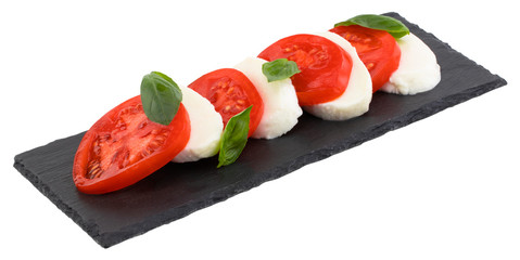 Traditional italian food, sliced tomatoes and mozzarella isolated on white background. Clipping Path