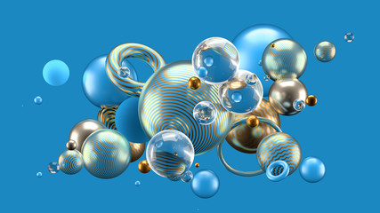 Beautiful abstract background with volume elements, balls, texture, lines. 3d illustration, 3d rendering.