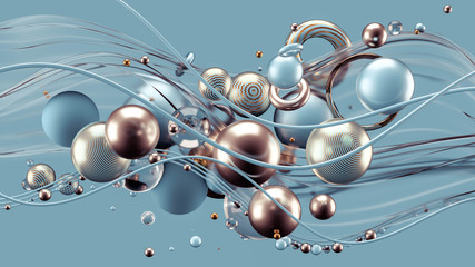 Beautiful abstract background with volume elements, balls, texture, lines. 3d illustration, 3d rendering.