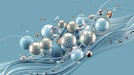 Beautiful abstract background with volume elements, balls, texture, lines. 3d illustration, 3d rendering.