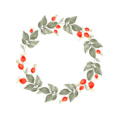 Watercolor Autumn Wreath of rose hips. Fall leaves. Beautiful round frame of gray branches and red rose hips. Perfect for wedding invitations, greeting cards, blogs, prints. thanksgiving postcard.