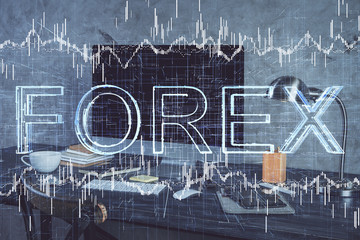 Multi exposure of chart and financial info and work space with computer background. Concept of...