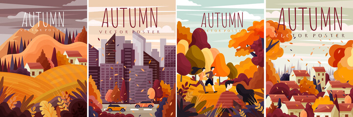 Four different designs for autumn posters with colorful fall landscapes, cityscape and country scenes in a cartoon Vector illustration